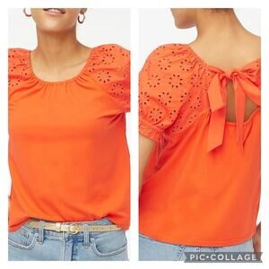 J Crew Orange Cotton Eyelet Blouse Puff Sleeves Tie Back Size XXL